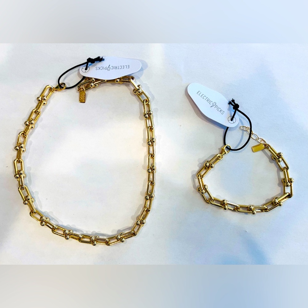 Electric Picks Paperclip Style Gold Necklace and Bracelet Set